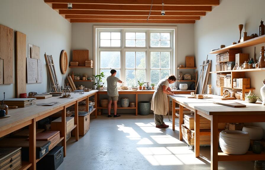 Artigiano al lavoro in un atelier lumino e ordinato, circondato da strumenti e materiali pregiati, simbolo della cura artigianale di Blu Profondo.
