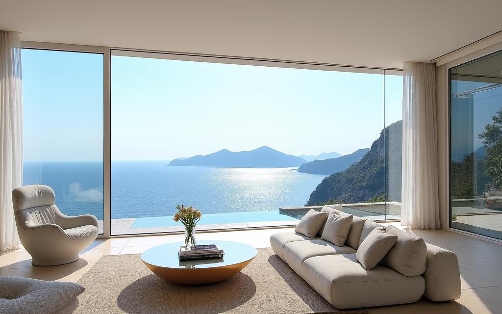 Interno di una lussuosa villa amalfitana con arredi personalizzati e vista mozzafiato.